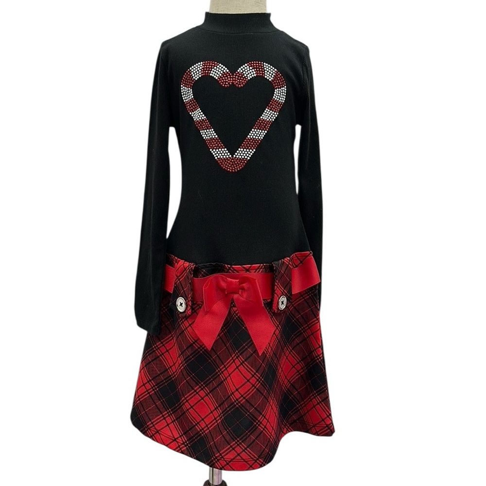 Piper Dress Candycane Heart Bow Waist Plaid Skirting Red Black Girls Medium 7 8